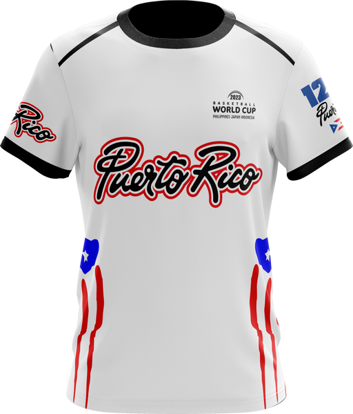 A dynamic Puerto Rico basketball jersey for the 2023 World Cup, featuring "Puerto Rico" text, number 12, and "Magnificos" with red and blue flag-inspired stripes, perfect for fans.