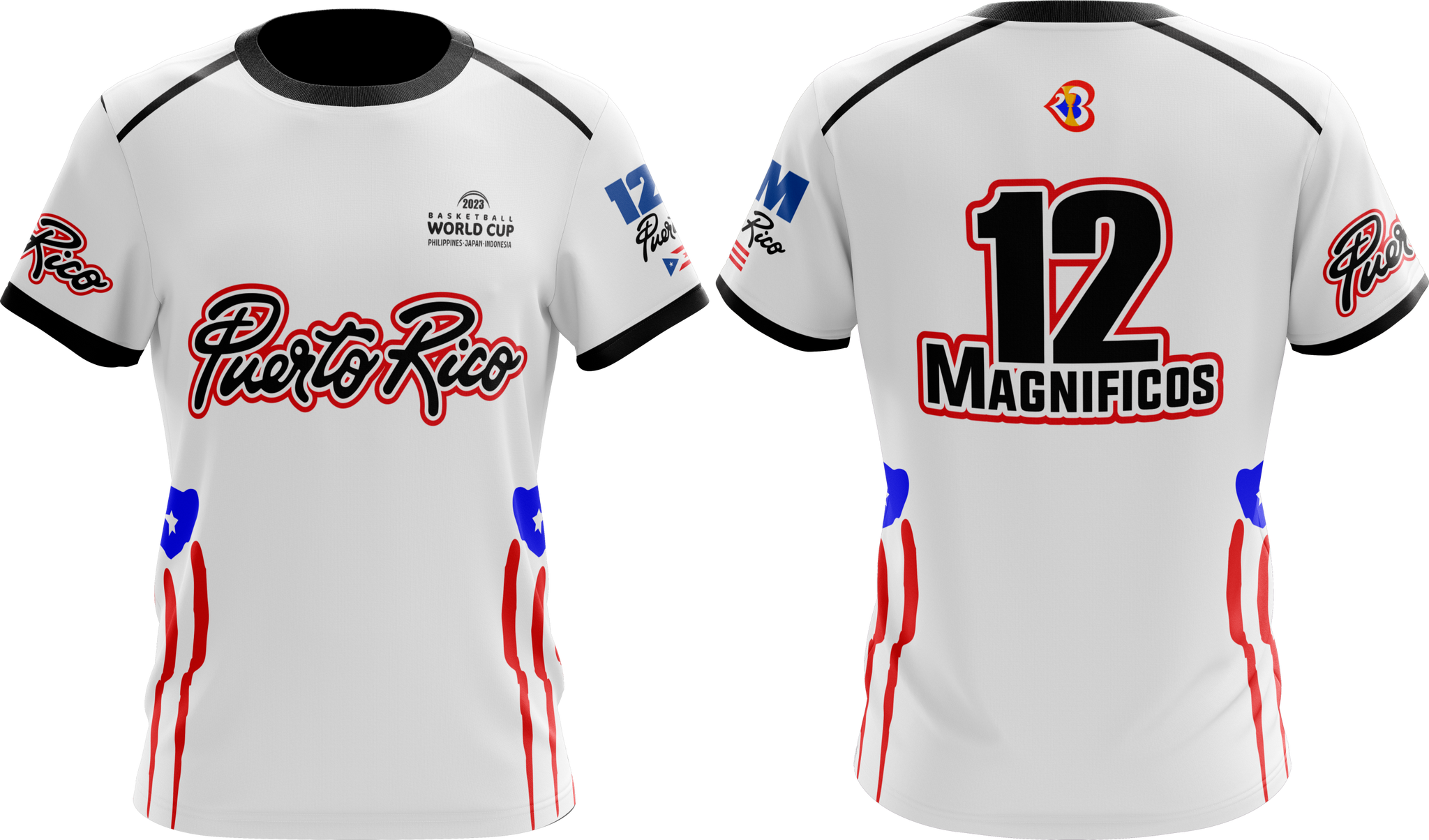 A white round neck t-shirt with short sleeves featuring red and blue accents and text that reads '12 Magníficos'. There is also text 'Puerto Rico' and 'Taino Shirts' on the shirt.