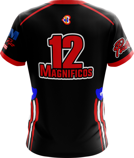 A bold black Puerto Rico basketball jersey for the 2023 World Cup, featuring red "Puerto Rico" text, number 12, and "Magnificos" with flag-inspired red, white, and blue stripes, perfect for fans.