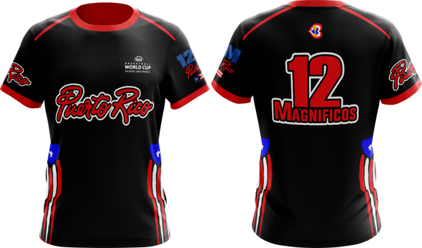 A bold black Puerto Rico basketball jersey for the 2023 World Cup, featuring red "Puerto Rico" text, number 12, and "Magnificos" with flag-inspired red, white, and blue stripes, perfect for fans.