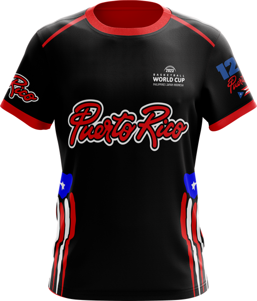 A bold black Puerto Rico basketball jersey for the 2023 World Cup, featuring red "Puerto Rico" text, number 12, and "Magnificos" with flag-inspired red, white, and blue stripes, perfect for fans.