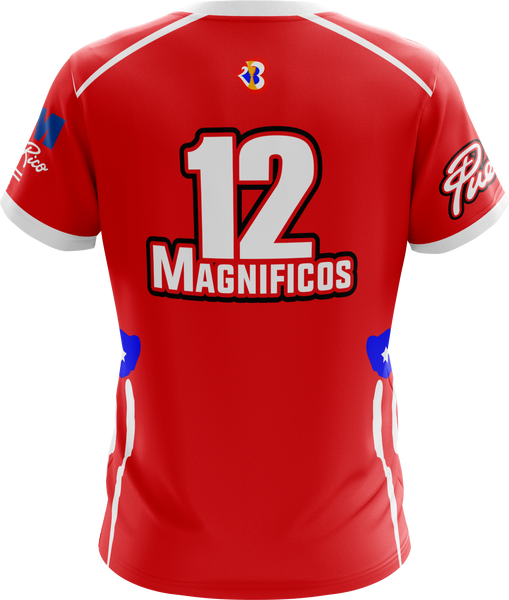 A vibrant red Puerto Rico basketball jersey for the 2023 World Cup, featuring bold "Puerto Rico" text, number 12, and "Magnificos" on the back with blue and white flag accents, perfect for dedicated fans.Image Name: puerto-rico-2023-world-cup-basketball-jersey-red-magnificos.jpg
Alt Text: A vibrant red Puerto Rico basketball jersey for the 2023 World Cup, featuring "Puerto Rico" text, number 12, and "Magnificos" on the back with white accents and flag-inspired blue and red stripes, ideal for supporters.
