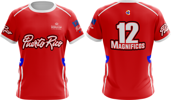 A vibrant red Puerto Rico basketball jersey for the 2023 World Cup, featuring bold "Puerto Rico" text, number 12, and "Magnificos" on the back with blue and white flag accents, perfect for dedicated fans.Image Name: puerto-rico-2023-world-cup-basketball-jersey-red-magnificos.jpg
Alt Text: A vibrant red Puerto Rico basketball jersey for the 2023 World Cup, featuring "Puerto Rico" text, number 12, and "Magnificos" on the back with white accents and flag-inspired blue and red stripes, ideal for supporters.