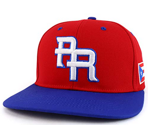 Blue Puerto Rico baseball cap with 'PR' logo, red bill, Puerto Rican flag patch, and New Era branding.