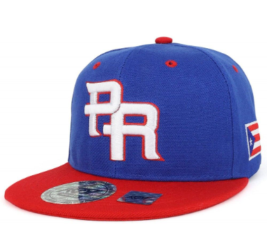 Blue Puerto Rico baseball cap with 'PR' logo, red bill, Puerto Rican flag patch, and New Era branding.