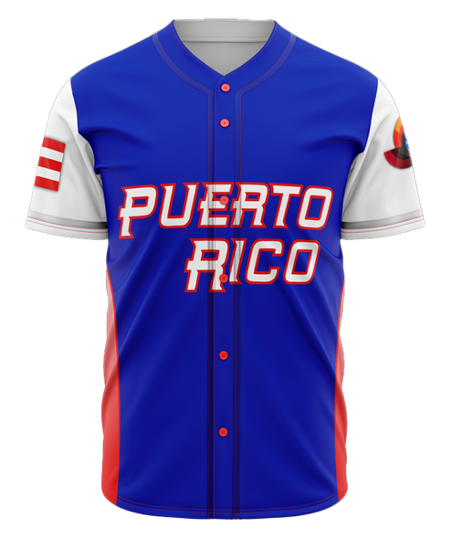 Puerto Rico baseball jersey with blue design, red and white accents, and the text "PUERTO RICO" on the front, featuring a flag patch on the sleeve, ideal for sports fans