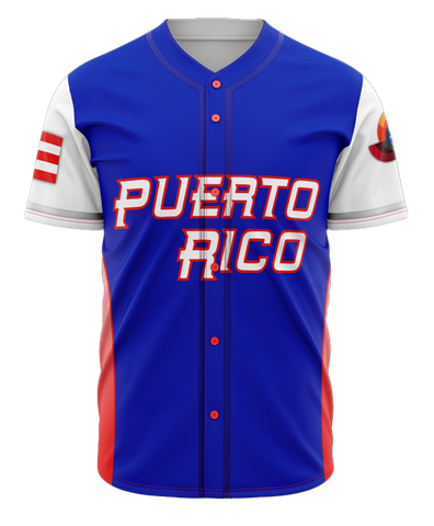 Puerto Rico baseball jersey with blue design, red and white accents, and the text "PUERTO RICO" on the front, featuring a flag patch on the sleeve, ideal for sports fans