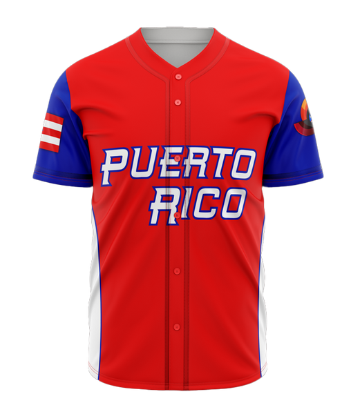 Red Puerto Rico baseball jersey with blue and white accents, featuring the text "PUERTO RICO" on the front and a flag patch on the sleeve, ideal for sports fans.