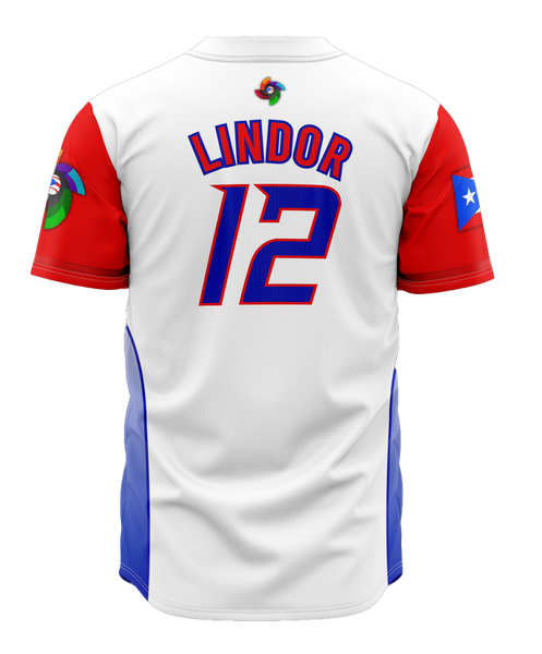 Red Puerto Rico baseball jersey with blue and red accents, featuring the text "PUERTO RICO" on the front and a flag patch on the sleeve, ideal for sports fans.