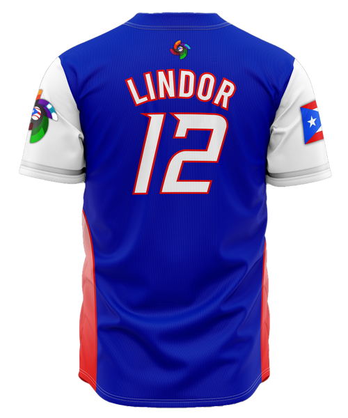White Puerto Rico baseball jersey with red and blue accents, featuring the text "PUERTO RICO" on the front and a flag patch on the sleeve, perfect for sports enthusiasts 
