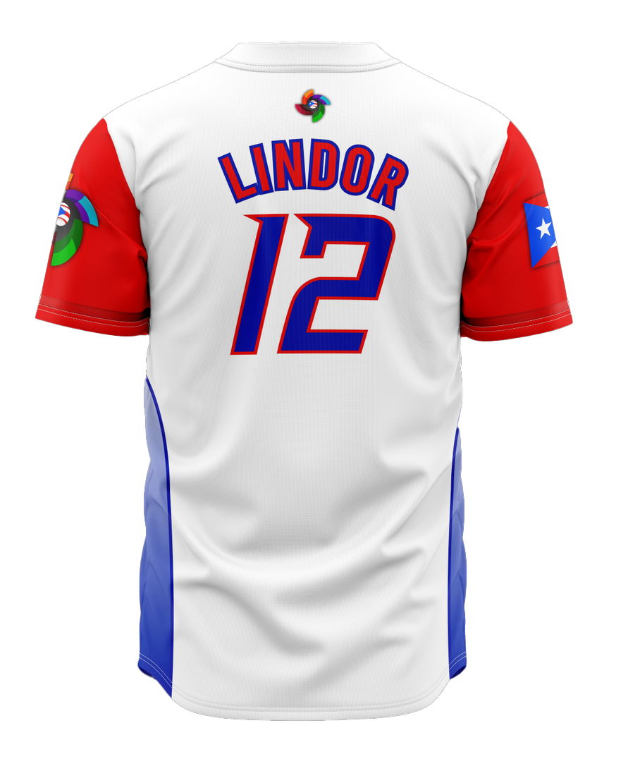 A striking white Puerto Rico baseball jersey with bold red and blue "PUERTO RICO" text, flag-inspired sleeve stripes, and a colorful emblem, ideal for baseball enthusiasts