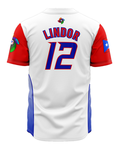 A striking white Puerto Rico baseball jersey with bold red and blue "PUERTO RICO" text, flag-inspired sleeve stripes, and a colorful emblem, ideal for baseball enthusiasts