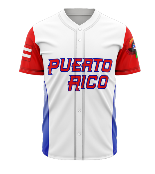 A striking white Puerto Rico baseball jersey with bold red and blue "PUERTO RICO" text, flag-inspired sleeve stripes, and a colorful emblem, ideal for baseball enthusiasts