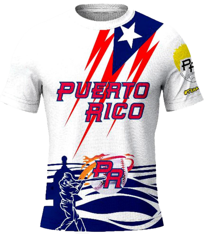 A short-sleeved Puerto Rican T-shirt with a graphic design including the text 'Puerto Rico' and the hashtag '#teamrubio'. The shirt is primarily white with red and blue accents.
