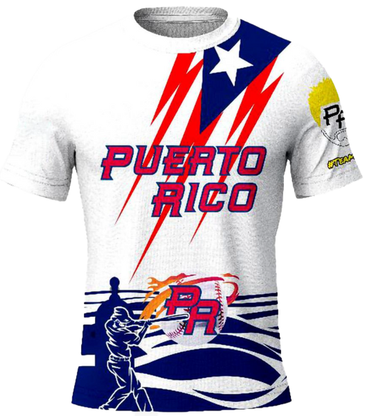 A short-sleeved Puerto Rican T-shirt with a graphic design including the text 'Puerto Rico' and the hashtag '#teamrubio'. The shirt is primarily white with red and blue accents.