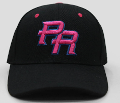 A black snapback hat with the embroidered text 'PR' in pink, representing Puerto Rico, on the front.