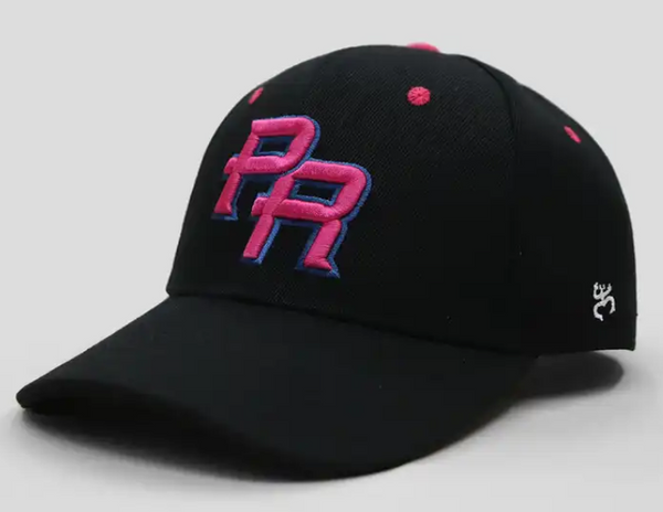 Puerto Rico baseball cap with embroidered pink PR logo and blue outline, ideal for showing Boricua pride, casual outings, or as a stylish accessory for island enthusiasts.