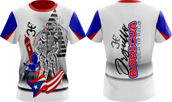 Front and back views of a Puerto Rican shirt featuring two jíbaros in traditional attire, "Puerto Rico" text, musical instruments, and the Puerto Rican flag, celebrating rural heritage and cultural pride.