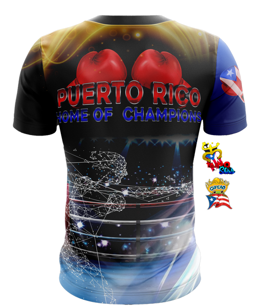 A dynamic t-shirt celebrating Puerto Rican boxing legends, featuring multiple fighters with the Puerto Rican flag backdrop. Designed by Taino Shirts, perfect for boxing fans and collectors.