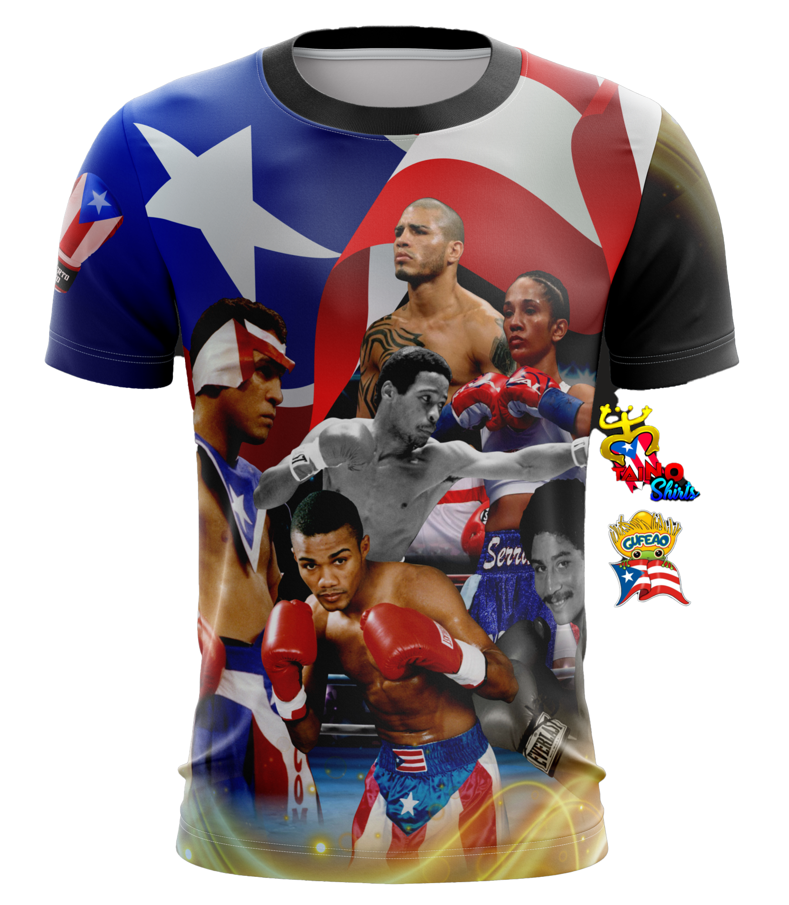 A t-shirt featuring multiple images of boxers in a collage style with the Puerto Rican flag.