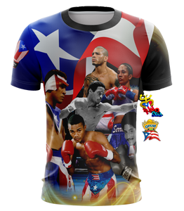 A t-shirt featuring multiple images of boxers in a collage style with the Puerto Rican flag.
