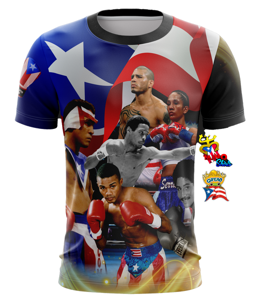 A t-shirt featuring multiple images of boxers in a collage style with the Puerto Rican flag.