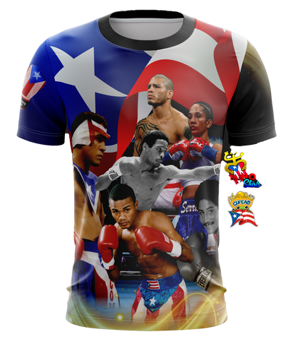 A t-shirt featuring multiple images of boxers in a collage style with the Puerto Rican flag.