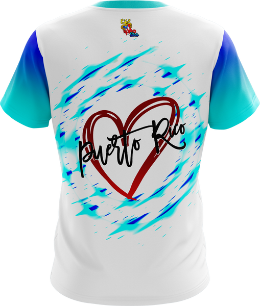 Front and back views of a vibrant Puerto Rican shirt featuring a historic castle, a coqui frog with the Puerto Rican flag, a red hibiscus flower, and "Puerto Rico" text in a heart design, celebrating cultural landmarks and pride.