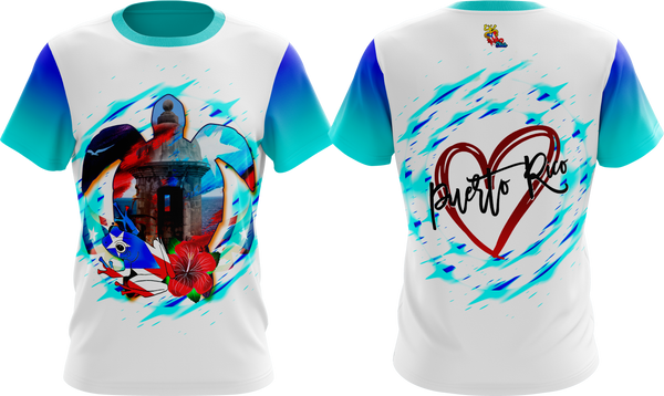 Front and back views of a vibrant Puerto Rican shirt featuring a historic castle, a coqui frog with the Puerto Rican flag, a red hibiscus flower, and "Puerto Rico" text in a heart design, celebrating cultural landmarks and pride.