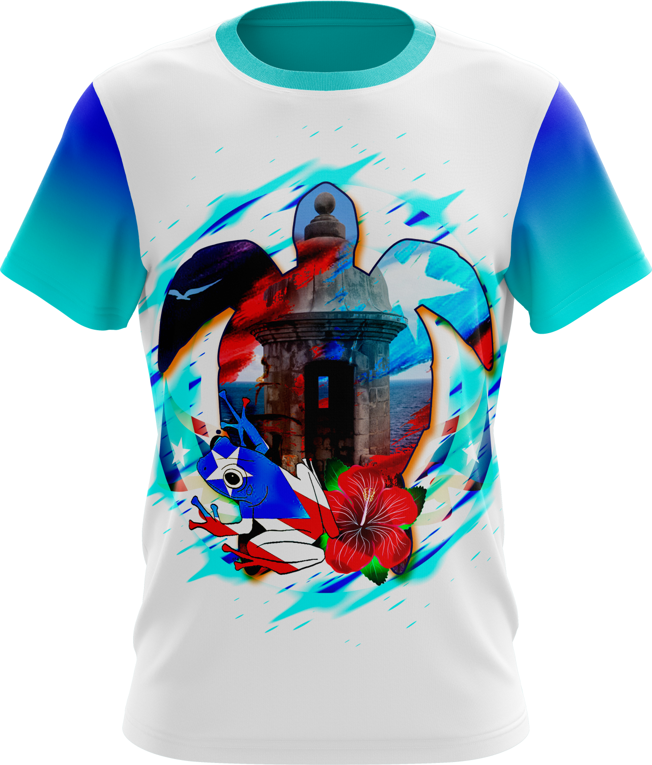 Front and back views of a vibrant Puerto Rican shirt featuring a historic castle, a coqui frog with the Puerto Rican flag, a red hibiscus flower, and "Puerto Rico" text in a heart design, celebrating cultural landmarks and pride.