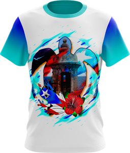 Front and back views of a vibrant Puerto Rican shirt featuring a historic castle, a coqui frog with the Puerto Rican flag, a red hibiscus flower, and "Puerto Rico" text in a heart design, celebrating cultural landmarks and pride.