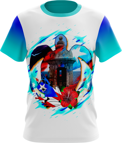 Front and back views of a vibrant Puerto Rican shirt featuring a historic castle, a coqui frog with the Puerto Rican flag, a red hibiscus flower, and "Puerto Rico" text in a heart design, celebrating cultural landmarks and pride.
