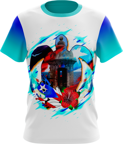 Front and back views of a vibrant Puerto Rican shirt featuring a historic castle, a coqui frog with the Puerto Rican flag, a red hibiscus flower, and "Puerto Rico" text in a heart design, celebrating cultural landmarks and pride.