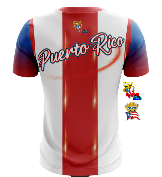 Front and back views of a vibrant Puerto Rican shirt featuring the Puerto Rican flag design with a prominent star, a Taino symbol, and "Puerto Rico" text, celebrating national pride and heritage.
