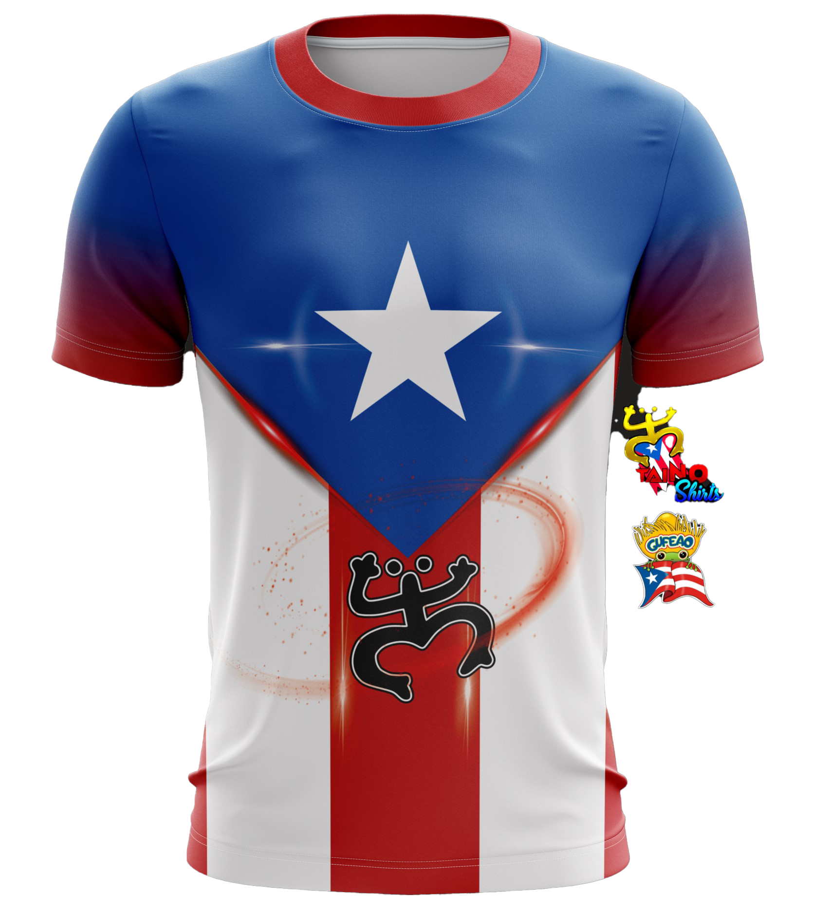 Front and back views of a vibrant Puerto Rican shirt featuring the Puerto Rican flag design with a prominent star, a Taino symbol, and "Puerto Rico" text, celebrating national pride and heritage.