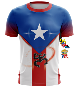 Front and back views of a vibrant Puerto Rican shirt featuring the Puerto Rican flag design with a prominent star, a Taino symbol, and "Puerto Rico" text, celebrating national pride and heritage.