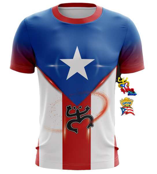 Front and back views of a vibrant Puerto Rican shirt featuring the Puerto Rican flag design with a prominent star, a Taino symbol, and "Puerto Rico" text, celebrating national pride and heritage.