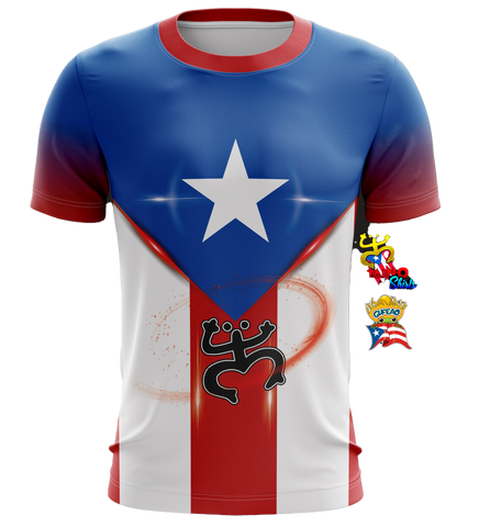 Front and back views of a vibrant Puerto Rican shirt featuring the Puerto Rican flag design with a prominent star, a Taino symbol, and "Puerto Rico" text, celebrating national pride and heritage.