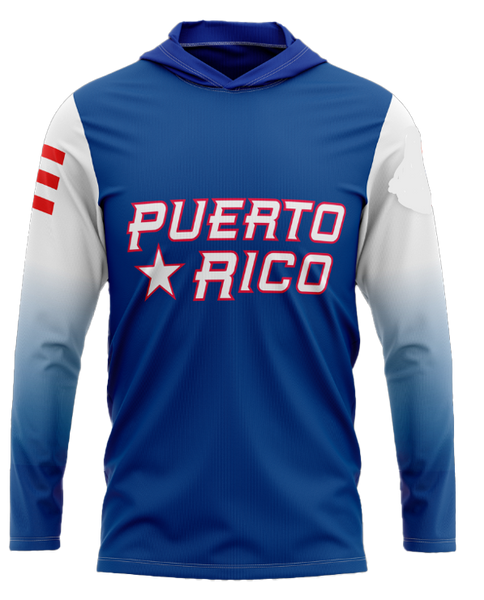 A long sleeve hoodie with 'PUERTO RICO' text and the Puerto Rican flag colors on the sleeves.