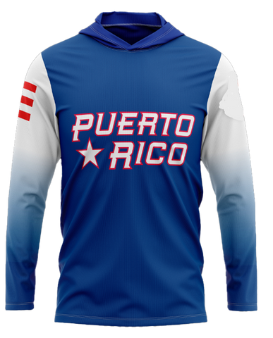 A long sleeve hoodie with 'PUERTO RICO' text and the Puerto Rican flag colors on the sleeves.