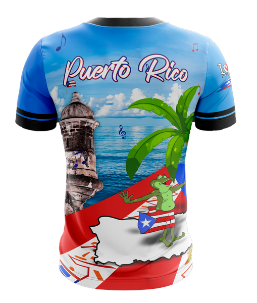 Vibrant Puerto Rico Isla Del Encanto shirt with coqui frog playing guitar, palm tree, El Morro fortress, ocean view, and musical notes, celebrating Boricua pride, available 2025.