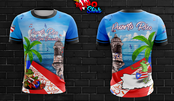 Vibrant Puerto Rico Isla Del Encanto shirt with coqui frog playing guitar, palm tree, El Morro fortress, ocean view, and musical notes, celebrating Boricua pride, available 2025.