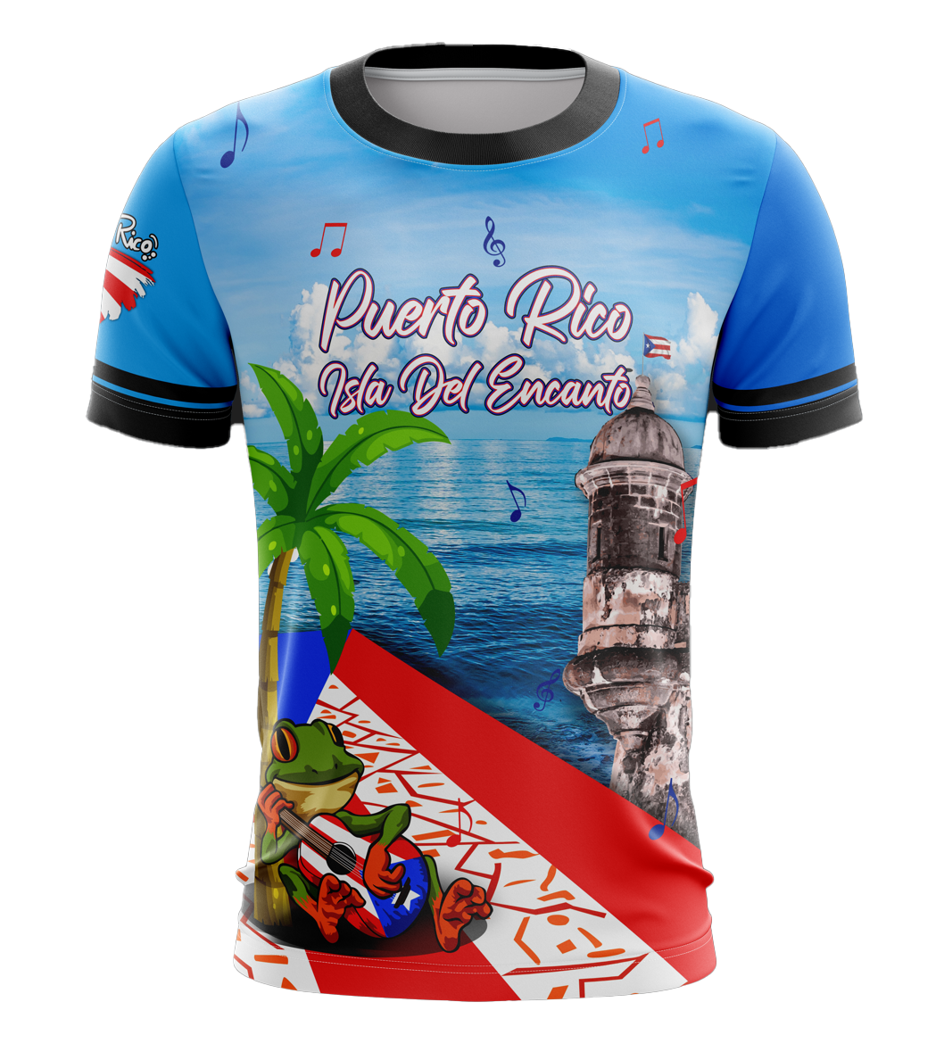 A colorful t-shirt featuring an image of the Isla del Encanto with a palm tree, a coqui frog, and the flag of Puerto Rico.