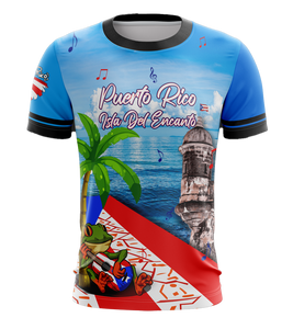 A colorful t-shirt featuring an image of the Isla del Encanto with a palm tree, a coqui frog, and the flag of Puerto Rico.
