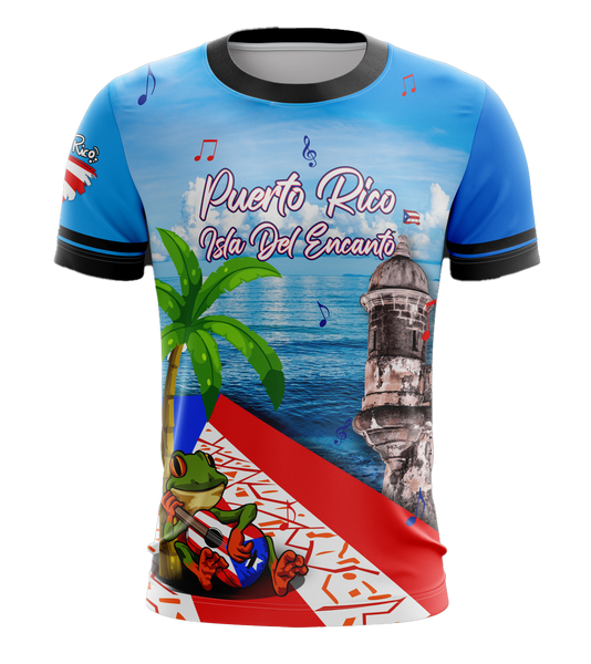 A colorful t-shirt featuring an image of the Isla del Encanto with a palm tree, a coqui frog, and the flag of Puerto Rico.