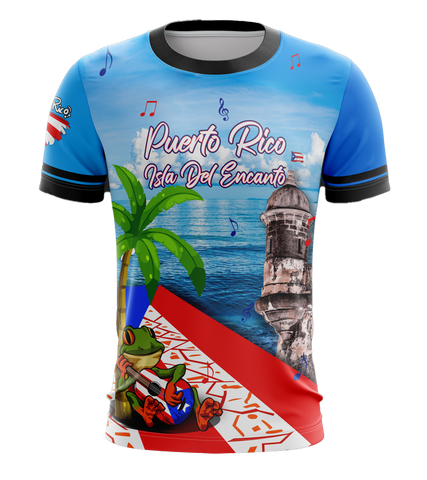 A colorful t-shirt featuring an image of the Isla del Encanto with a palm tree, a coqui frog, and the flag of Puerto Rico.