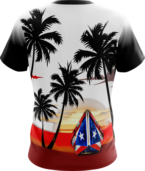 Front and back views of a colorful Puerto Rican shirt with palm tree silhouettes, sunset landscape, sailboat, and text "Puerto Rico Mi Isla Mi Orgullo Mi Encanto" incorporating flag colors, celebrating island pride and beauty.