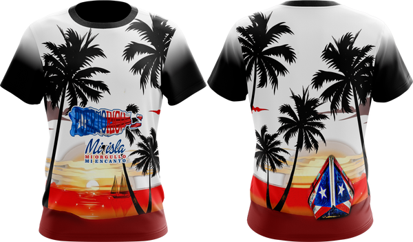 Front and back views of a colorful Puerto Rican shirt with palm tree silhouettes, sunset landscape, sailboat, and text "Puerto Rico Mi Isla Mi Orgullo Mi Encanto" incorporating flag colors, celebrating island pride and beauty.