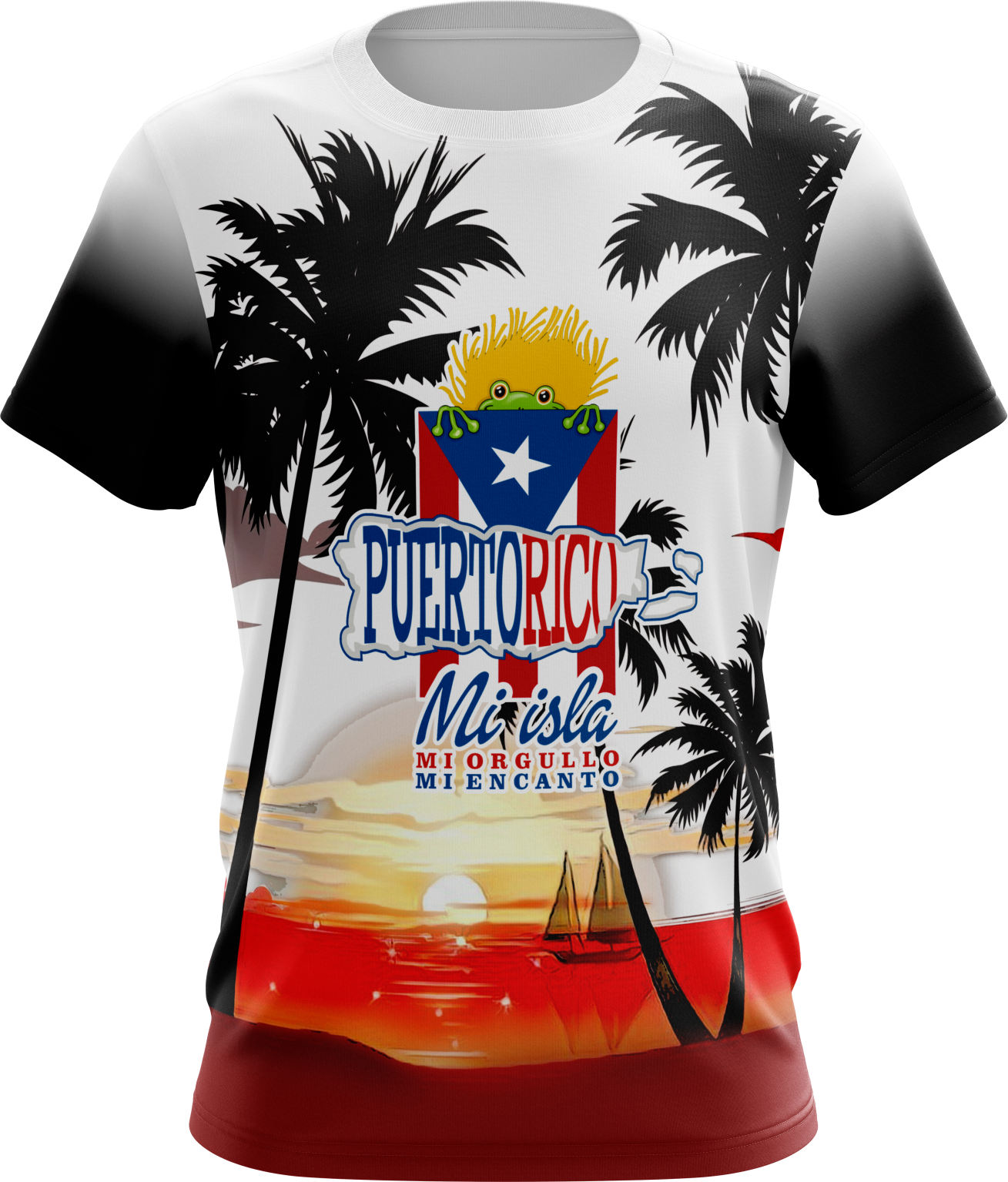 Front and back views of a colorful Puerto Rican shirt with palm tree silhouettes, sunset landscape, sailboat, and text "Puerto Rico Mi Isla Mi Orgullo Mi Encanto" incorporating flag colors, celebrating island pride and beauty.