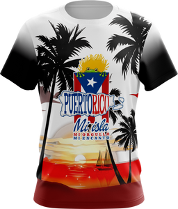 Front and back views of a colorful Puerto Rican shirt with palm tree silhouettes, sunset landscape, sailboat, and text "Puerto Rico Mi Isla Mi Orgullo Mi Encanto" incorporating flag colors, celebrating island pride and beauty.